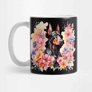 A doberman decorated with beautiful watercolor flowers Mug